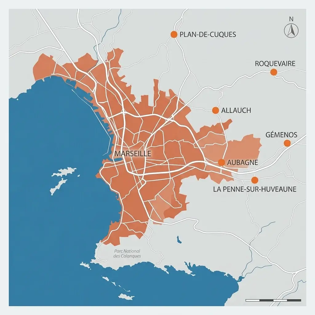 Carte des zones d'intervention DEB Rénovation : arrondissements de Marseille et communes de l'Est marseillais